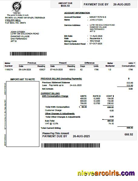 Trinidad and Tobago Electricity Commission utility bill